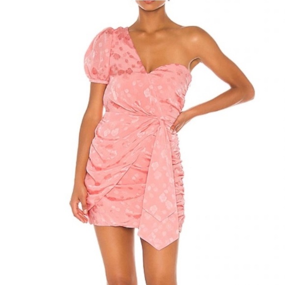 MAJORELLE Dresses & Skirts - Majorelle Madison One Shoulder Floral Embroidered Draped Mini Dress Pink Sz M